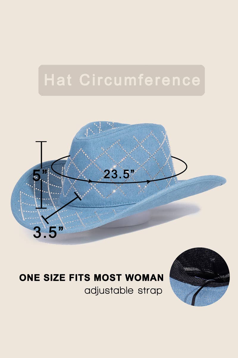 Rhinestone Mesh Pattern Denim Cowboy Fedora Hat