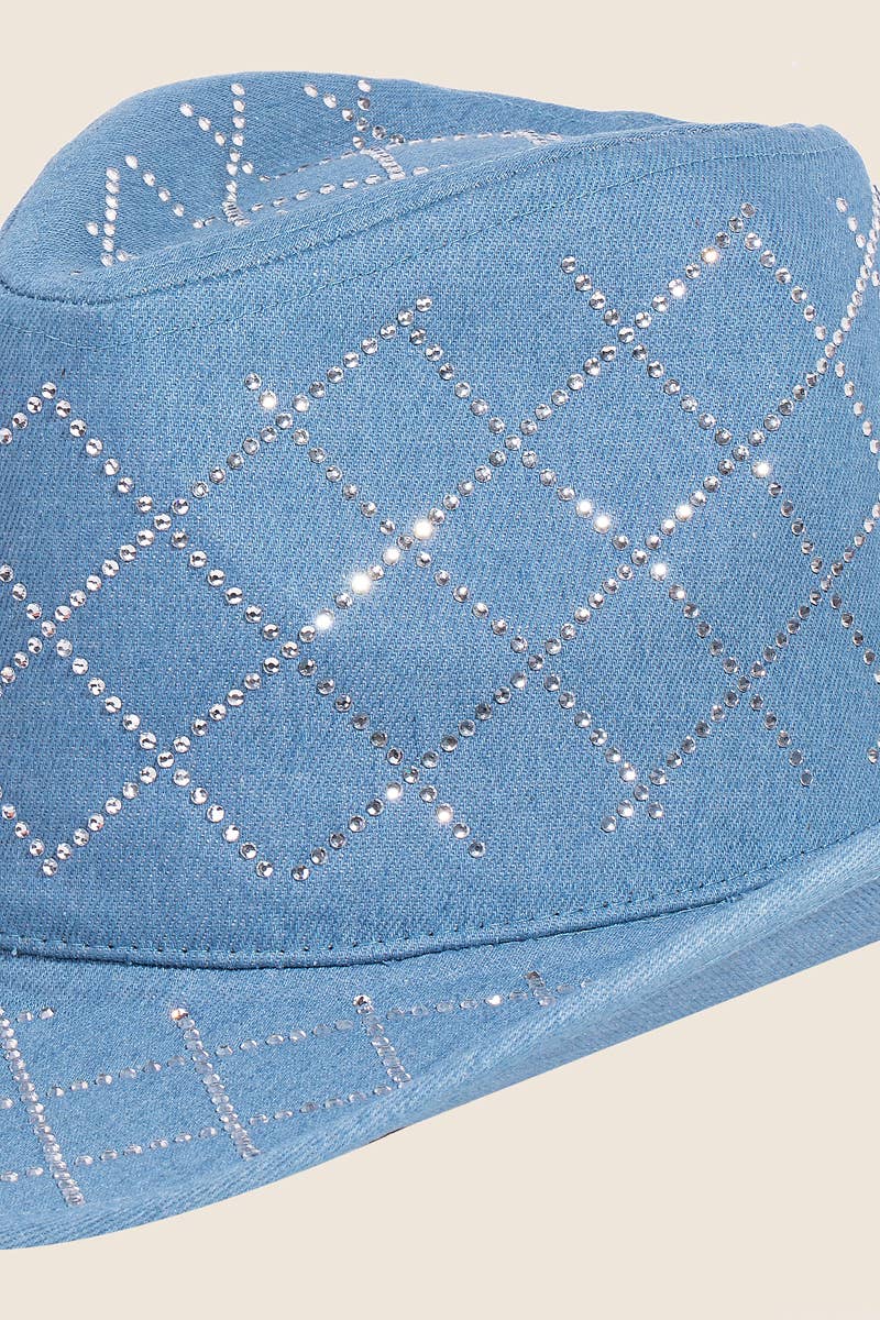 Rhinestone Mesh Pattern Denim Cowboy Fedora Hat