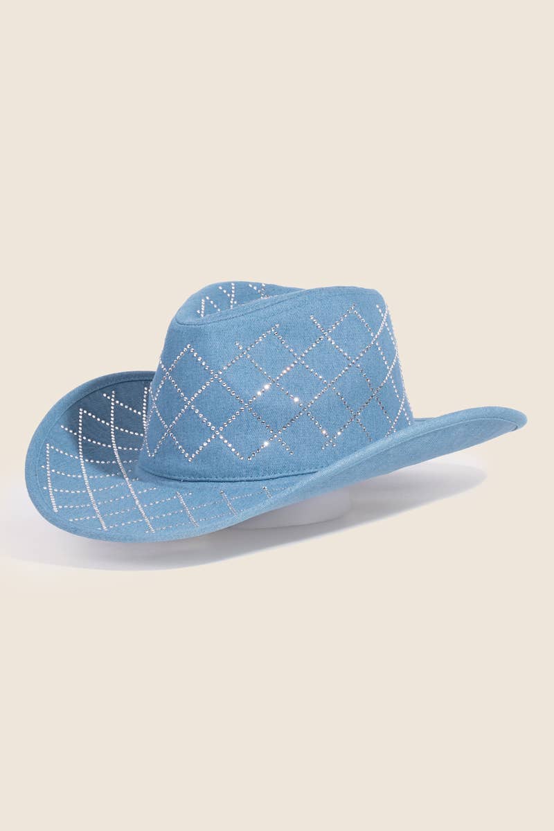 Rhinestone Mesh Pattern Denim Cowboy Fedora Hat